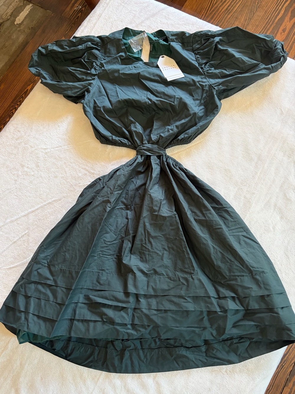 English Factory Green Puff Sleeve Cutout Midi Dress S NWT